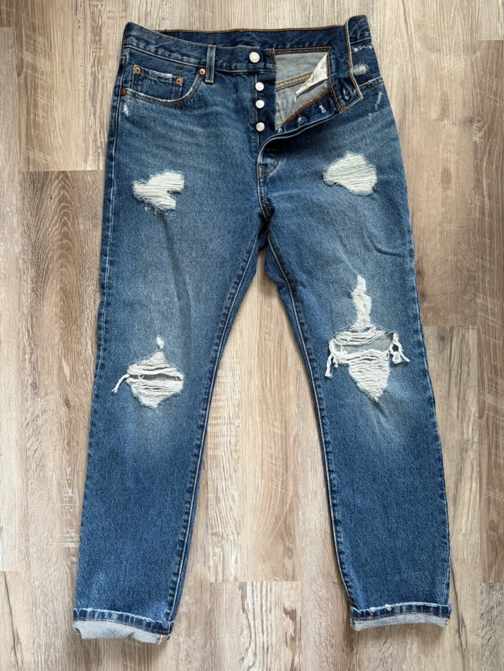 Levi's 501 Distressed Dark Blue Slim Straight Jeans - Picture 1 of 3